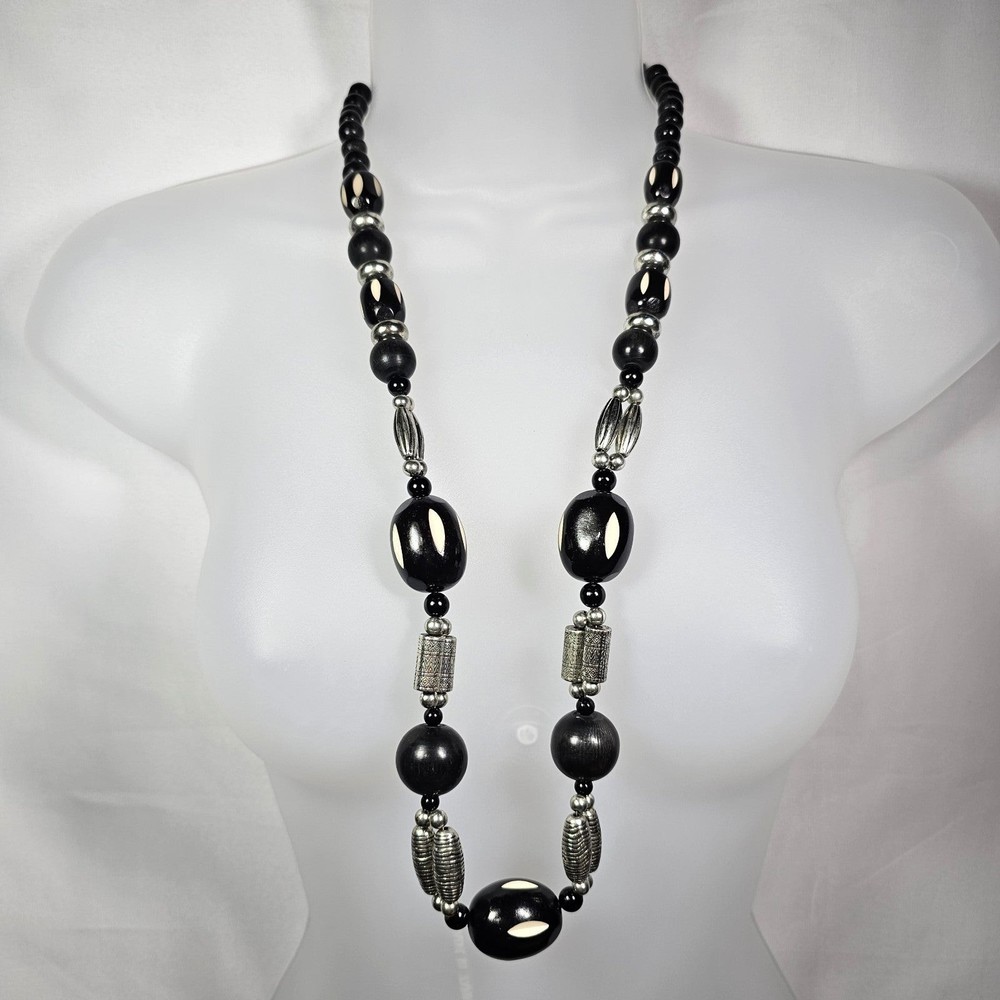 Vintage Tribal Wood & Metal Bead Necklace Statement Black Graduated 30"